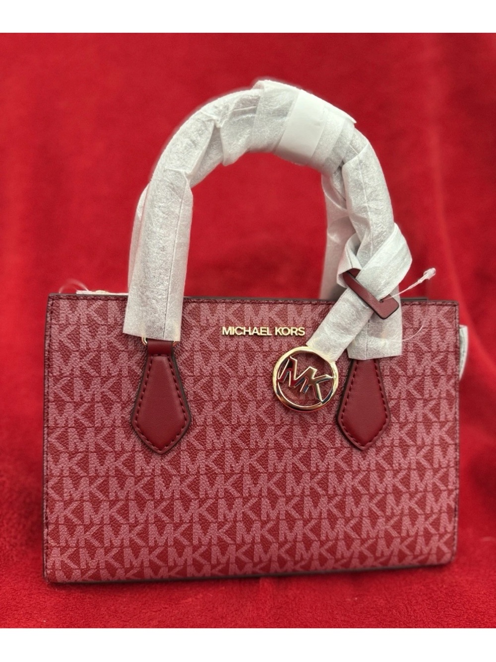Michael Kors Red Logo Jacquard Satchel with Gold Hardware